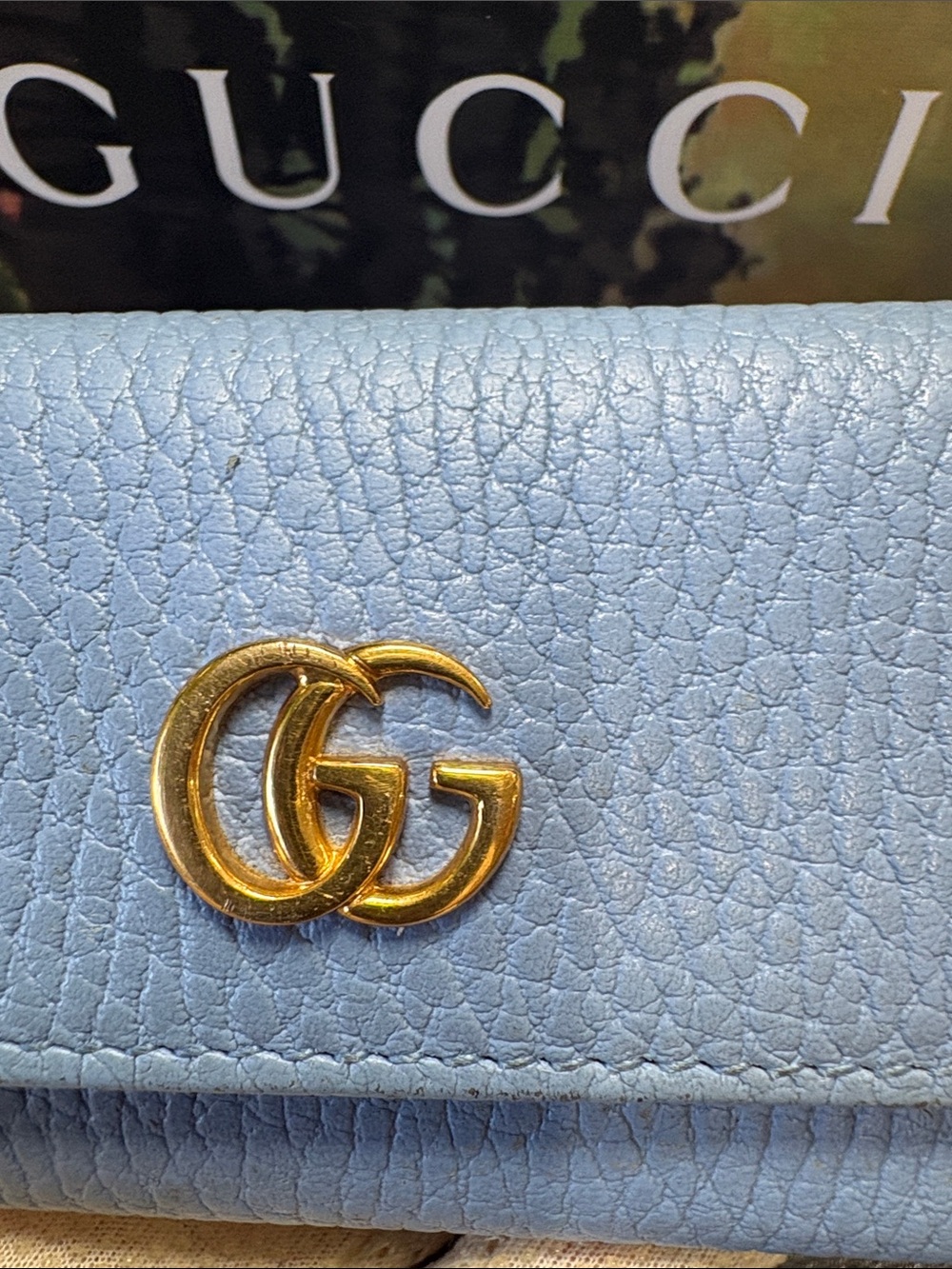 Gucci💙SkyBlue Pebbled Leather Key-holder Wallet W/Double G Gold -GUC - Picture 10 of 12